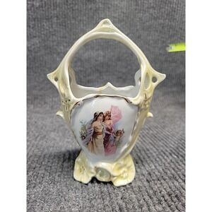Antique German Souvenir Basket Yell Luster w/Medallion of 2 Women And‎ Child